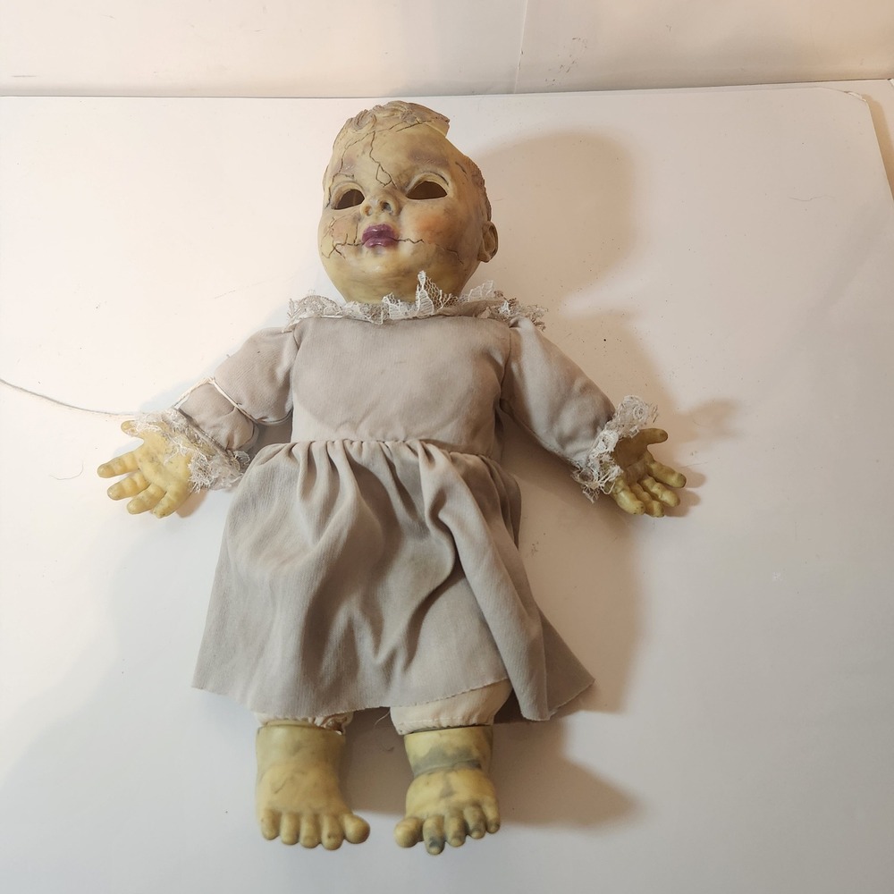Creepy Baby Doll Haunted Horror Halloween Prop Cracked Head Macabre Oddity 14in